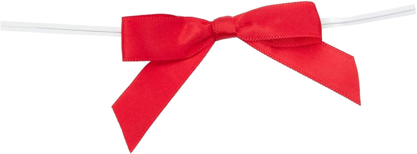 Juvale Twist Tie Gift Bows - 100 Pack, 2.5 x 3 in, Red - Pre-Tied Satin Ribbon - Mini Bows for Crafts, Gift Wrapping & Cake Decoration