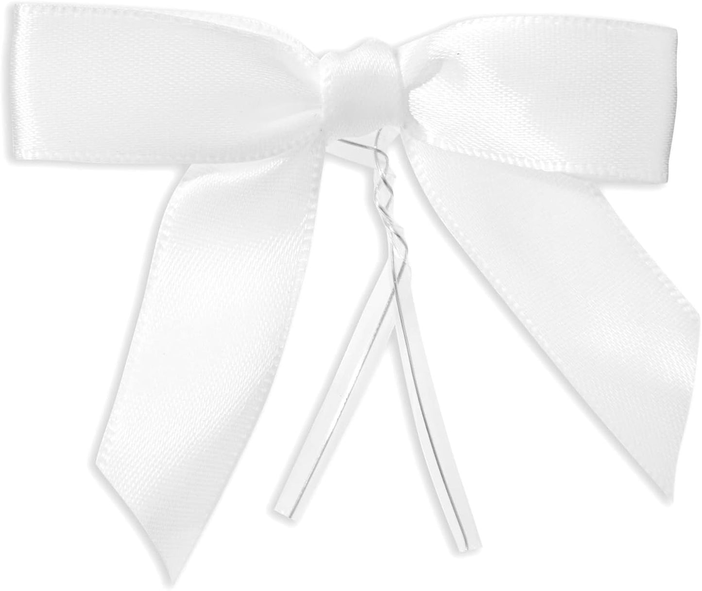 Juvale Twist Tie Bows - 100 Count, White, 3 x 2.5 in Satin Ribbon - Pre-Tied Gift Bows - Twist Ties for Cake & Crafts