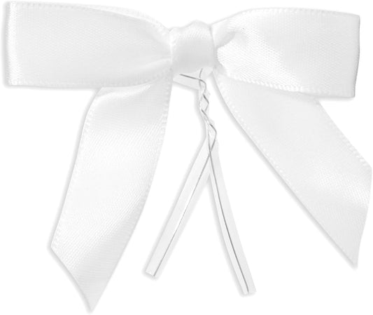 Juvale Twist Tie Bows - 100 Count, White, 3 x 2.5 in Satin Ribbon - Pre-Tied Gift Bows - Twist Ties for Cake & Crafts