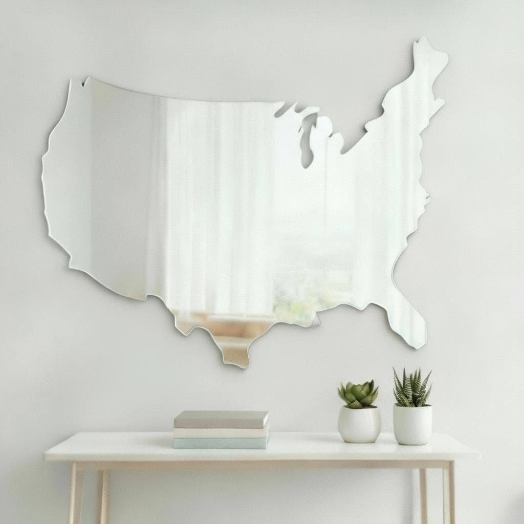 4th of July Patriotic USA Map Mirror – 27.5"x18.7" Frameless Asymmetrical Decorative Acrylic Mirror – Modern Patriotic Decor for Bedroom, Office, Entryway