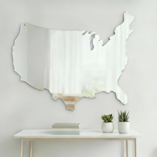 4th of July Patriotic USA Map Mirror – 27.5"x18.7" Frameless Asymmetrical Decorative Acrylic Mirror – Modern Patriotic Decor for Bedroom, Office, Entryway