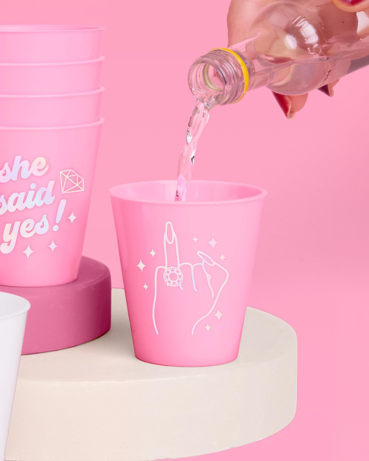 xo, Fetti Pink She Said Yes Shot Glasses - 12 Disposable 2 oz Cups | Ring Finger Bachelorette Decorations, Bridesmaid Drinkware, Engaged Drinkware