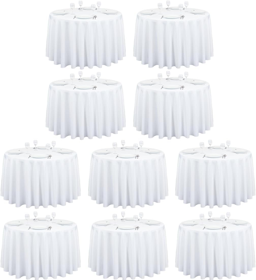 LTC LINENS 10 Pack 108 Inch Round Tablecloths White - Bulk for 48 Inch Round Table Floor Length - Wrinkle Resistant Polyester Fabric Cloth for Wedding
