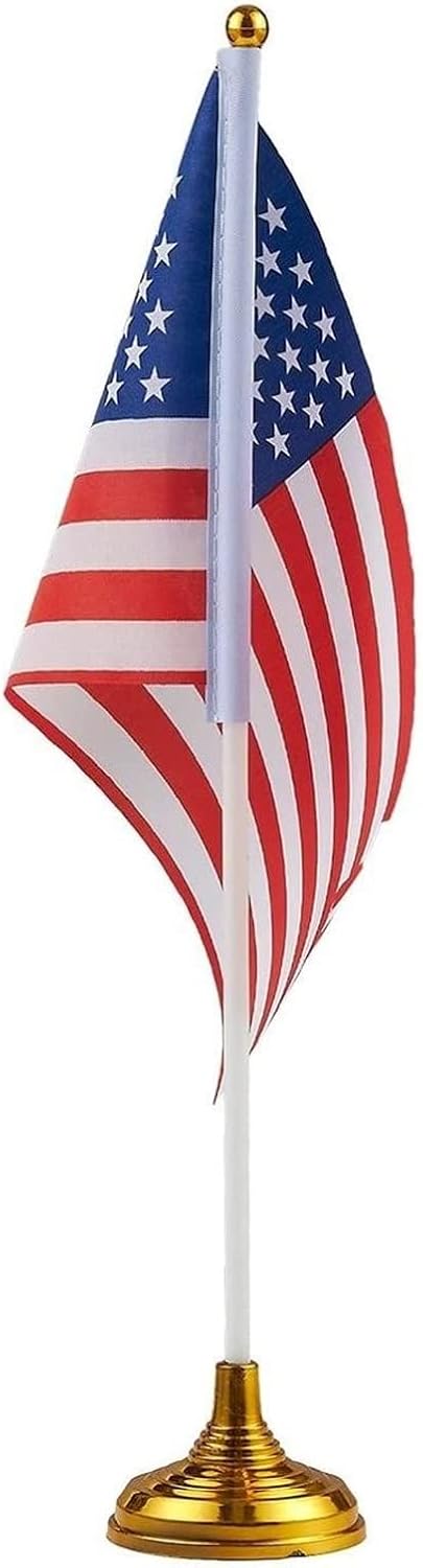Juvale Mini American Flag Decor Set - 12-Pack 8 x 5.5in Flags on 12in Poles with Gold Base - Patriotic Table Decorations & Party Supplies for Desk & Office