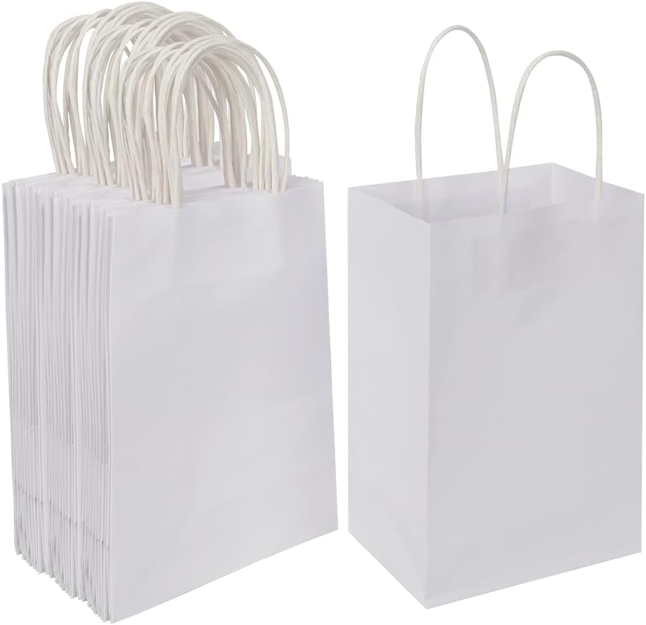 Oikss 50 Pack 5.25x3.25x8.25 Inch Small White Kraft Paper Bags with Handles Bulk for Birthday Wedding Party Favors Grocery Retail Shopping Business Goody Craft Gift Bags Cub Sacks, 50 Count