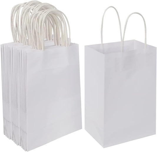 Oikss 50 Pack 5.25x3.25x8.25 Inch Small White Kraft Paper Bags with Handles Bulk for Birthday Wedding Party Favors Grocery Retail Shopping Business Goody Craft Gift Bags Cub Sacks, 50 Count