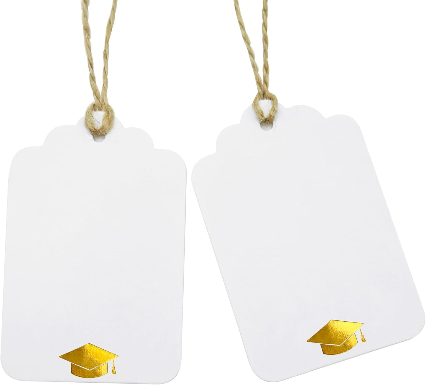 100Pcs Blank Gift Tags with String Foil Gold Grad Cap Large White Paper Gift Tags with 65 Ft Jute Twine for Congrats Grad Congratulations Graduation Party