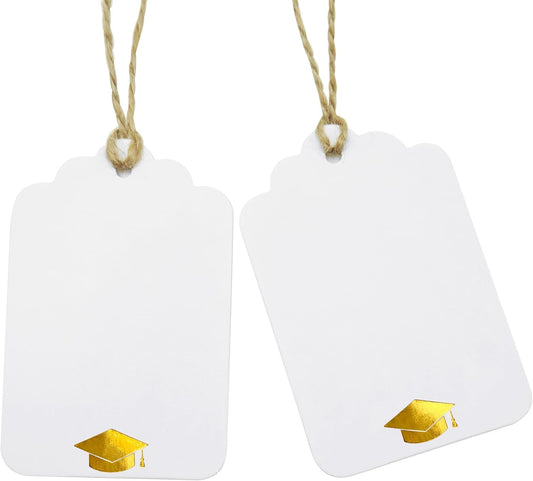 100Pcs Blank Gift Tags with String Foil Gold Grad Cap Large White Paper Gift Tags with 65 Ft Jute Twine for Congrats Grad Congratulations Graduation Party