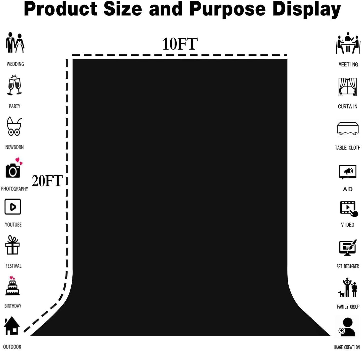 Large Black Screen Backdrops 10x20ft Solid Black Photo Backdrops for Photoshoot, Photography Background for Photo Shooting, Party, Videos