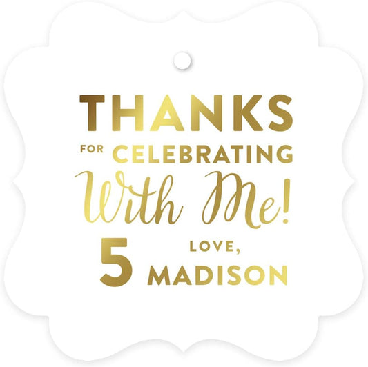 Andaz Press Personalized Fancy Frame Square Birthday Gift Tags, Metallic Gold Ink, Thanks for Celebrating with Me with Age, 24-Pack, Custom Made Name Age, Gold Decorations