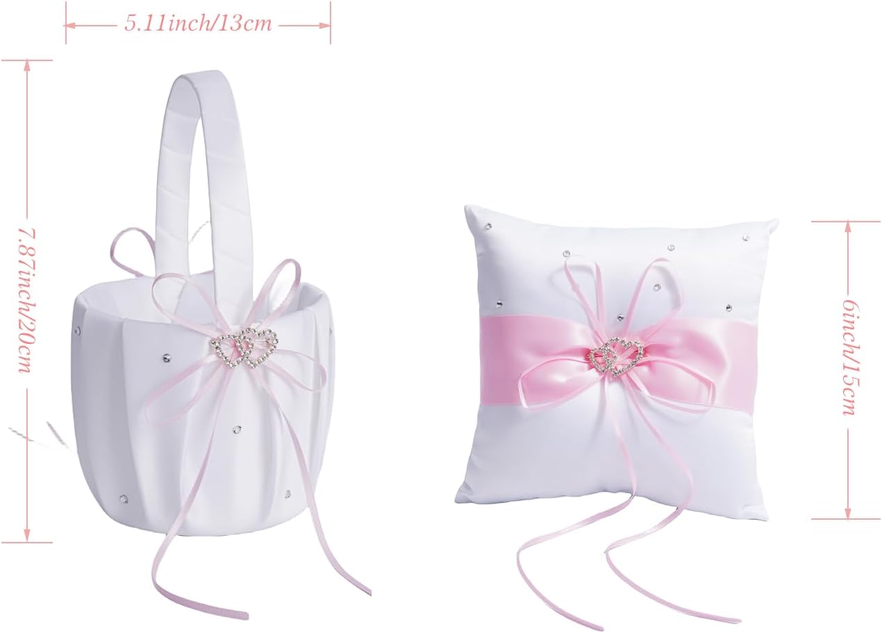 QIRMIZI Wedding Ring Pillow and Flower Girl Basket Set – Adorned with Pearl Rhinestones, White Satin,Pink