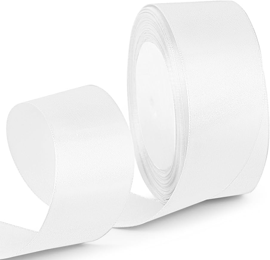 1-1/2 Inch 25 Yards Satin Ribbon White, Solid Color Fabric Ribbon for Gift Wrapping, Wedding, Polyester Gift Ribbon for Birthday Party Decoration, Craft, Hair, Floral, Sewing