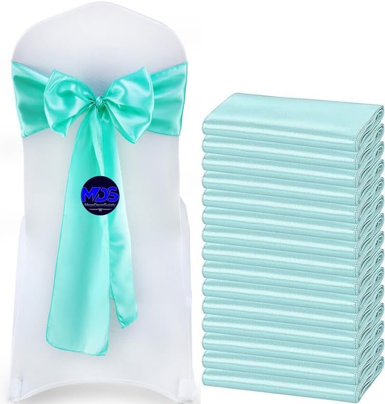 MDS Pack of 125 PCS Satin Chair Sashes Charmeuse Sateen Dining Chair Bows Ribbon Ties Back Sash for Wedding Party Birthday Home Hotel Restaurant Banquet Decoration (7 x 108 Inch, Sea Green)