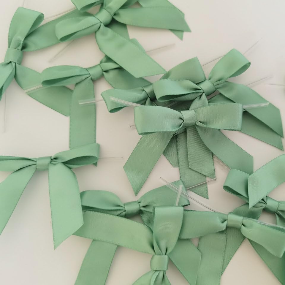50pcs 2-1/2" Vanilla Green Satin Ribbon Bows with Twist Ties Celadon Satin Ribbon Bows for Candy Party Decoration Gift Packing Wrapping Accessories(2.5“,Vanilla)