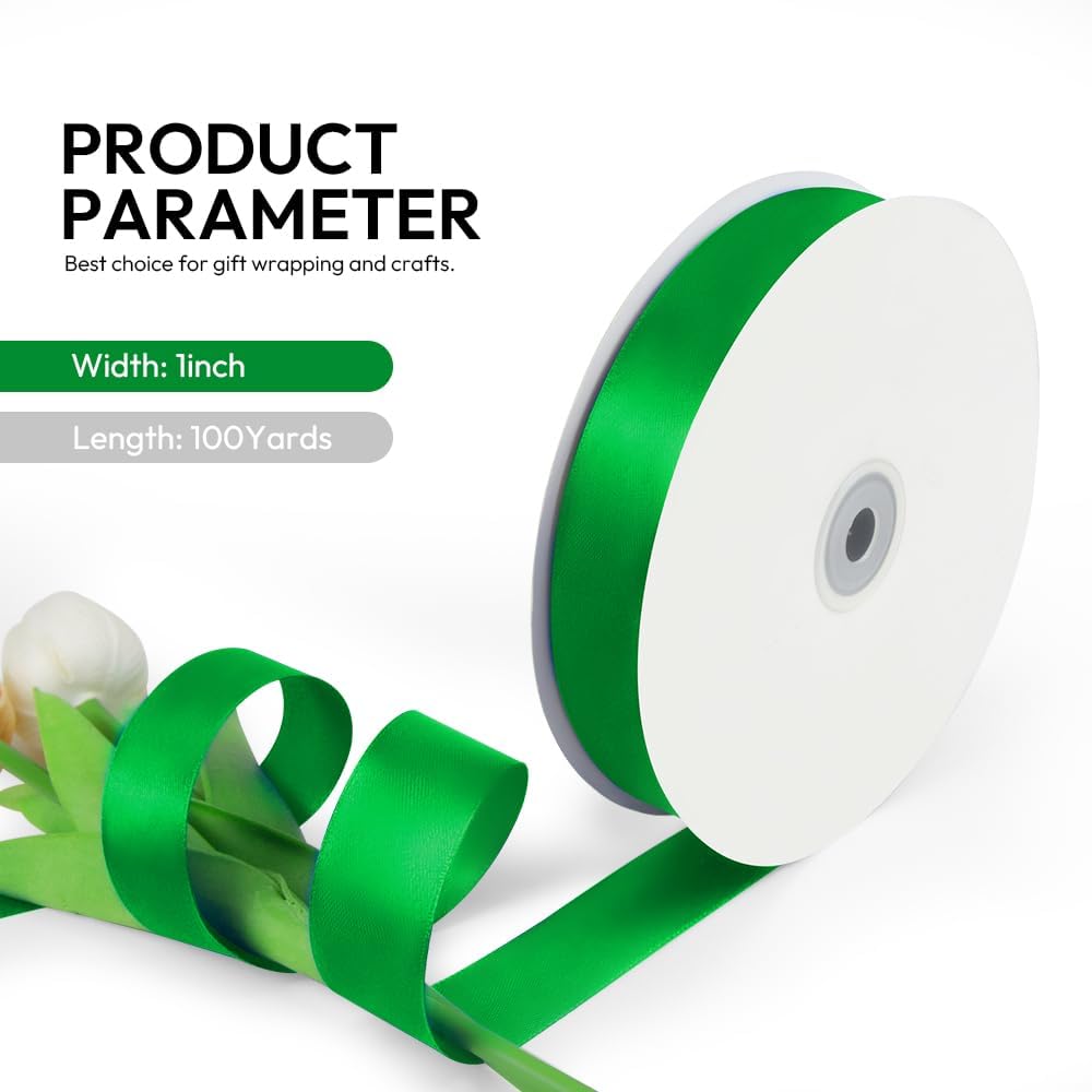 1 Inch 100 Yards Satin Ribbon Green, Solid Color Fabric Ribbon for Gift Wrapping, Wedding, Polyester Gift Ribbon for Birthday Party Decoration, Craft, Hair, Floral, Sewing