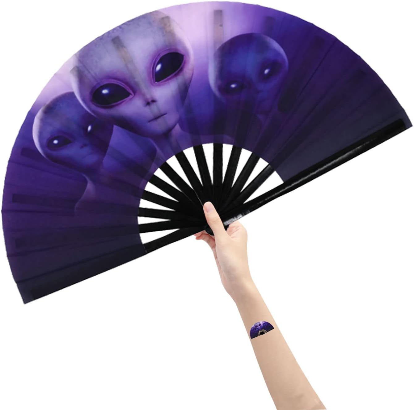 Amajiji Large Folding Hand Rave Fan Popping Fan for Line Dancing Clacking Fans for Boots On The Ground Dance,Party,Decoration,Festival (Three aliens)