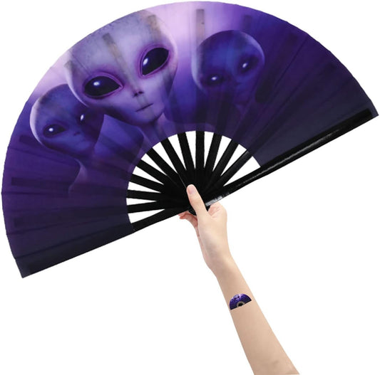 Amajiji Large Folding Hand Rave Fan Popping Fan for Line Dancing Clacking Fans for Boots On The Ground Dance,Party,Decoration,Festival (Three aliens)