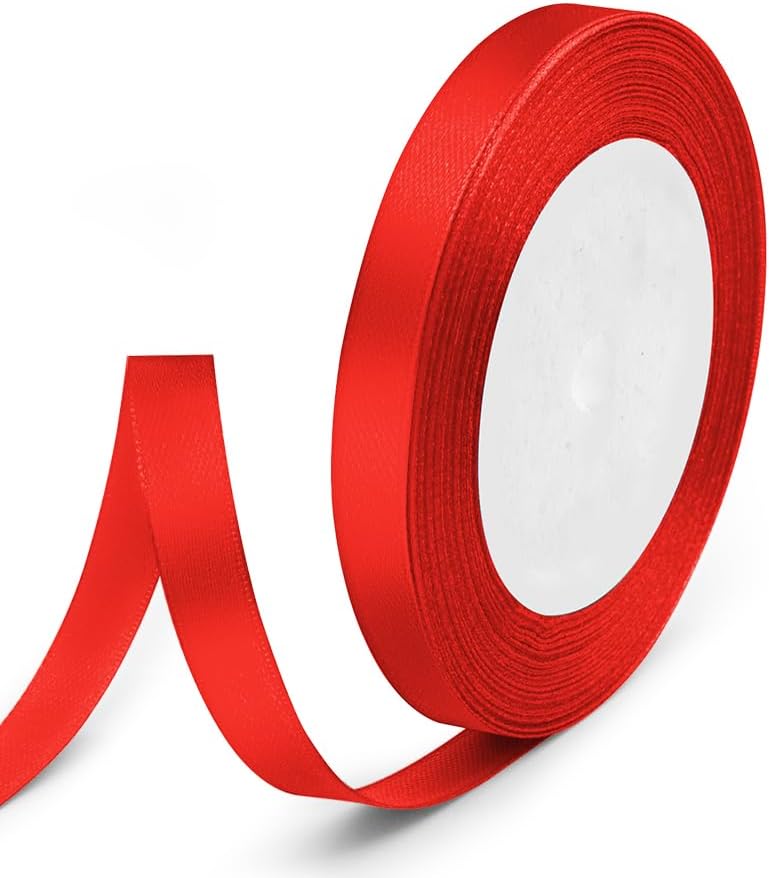 3/8" x 25 Yards Satin Ribbon, Red Silk Ribbon Ideal for Gift Wrapping, Floral Bouquets, Crafts, Wedding Party Decorations, Christmas and Sewing Projects