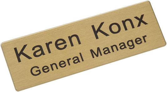 Custom Metal Engraved Name Tag Badge for Business Personalized Identification with Pin or Magnetic Backing ID Badge (Gold/Black, 1" x 3")