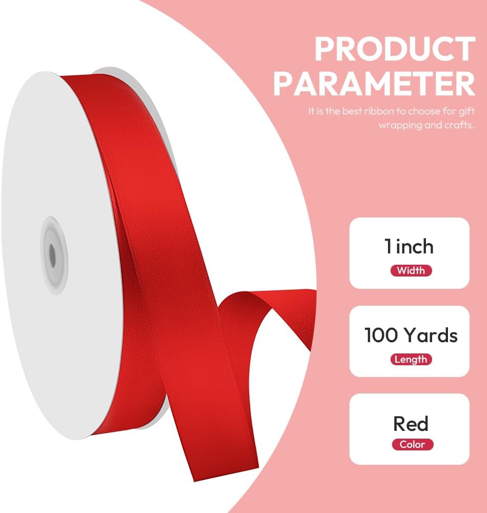 1" x 100 Yards Satin Ribbon - Red Silk Ribbon with Spool - Ideal for Gift Wrapping, Floral Bouquets, Crafts, Wedding Party Decorations, Christmas and Sewing Projects