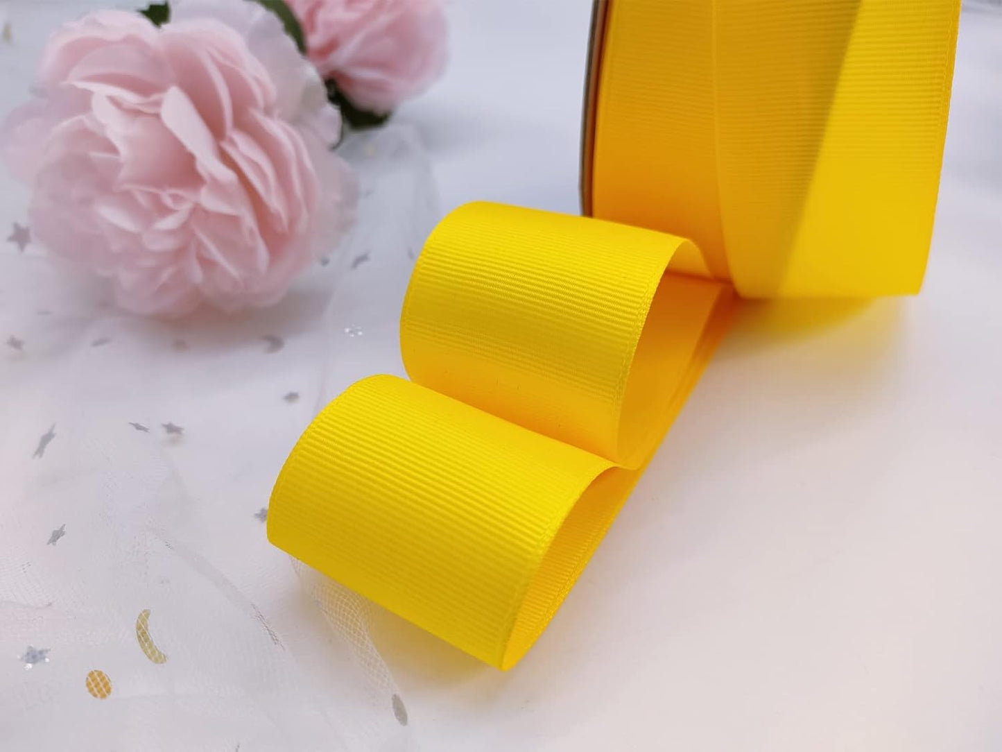 One Roll 50 Yards Soild Gold Grosgrain Ribbon 1 1/2 inch Flower Bouquets Ribbons-1.5 inch Thick Gift Wrapping Ribbon-DIY Crafts Bow Hair Headband Accessories Ribbons #642(38mm)