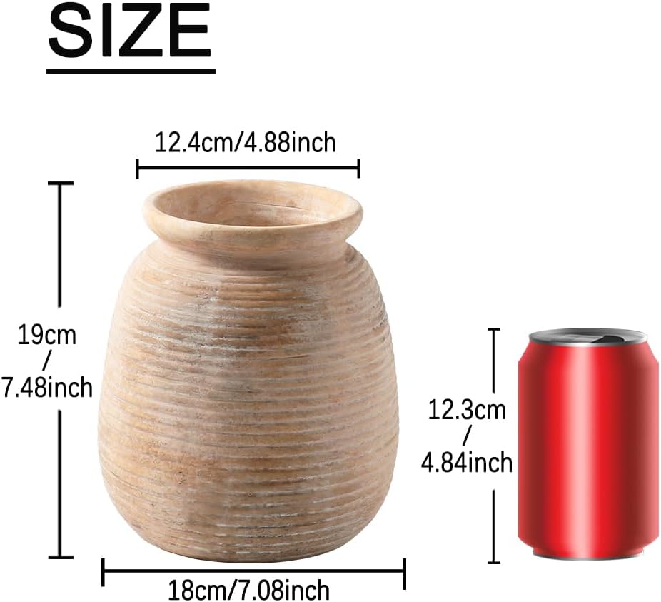 Ceramic Flowers Rustic Vase, Neutral Pottery Farmhouse Vases Home Decor, 7.48" Terracotta Pampas Decorative Vase for Table Entryway Mantel Bookshelf Bedroon Bathroom Living Room