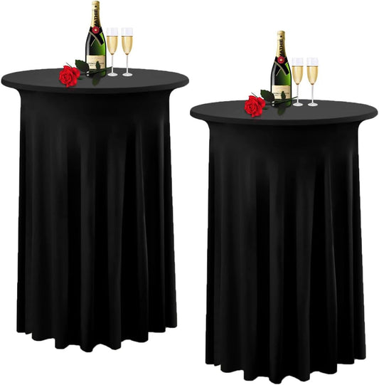 Albassa 2 Pack Cocktail Table Covers 32"x 43" Spandex Stretch Round Cocktail Tablecloths with Wavy Drapes Fitted High Top Bar Table Skirt for Wedding Party Banquet (Black, 2 PCS)