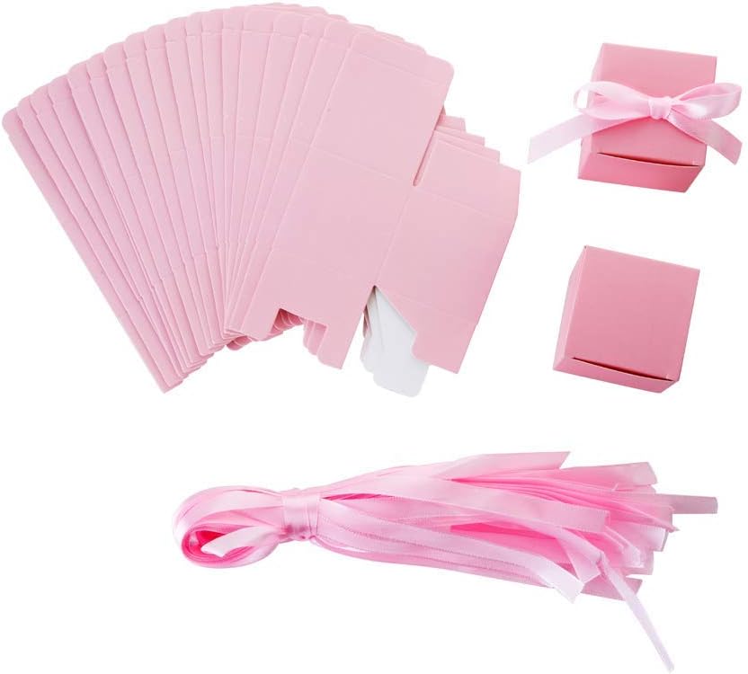 AWELL Pink Gift Candy Box Bulk 2x2x2 inches with Pink Ribbon Party Favor Box,Pack of 50