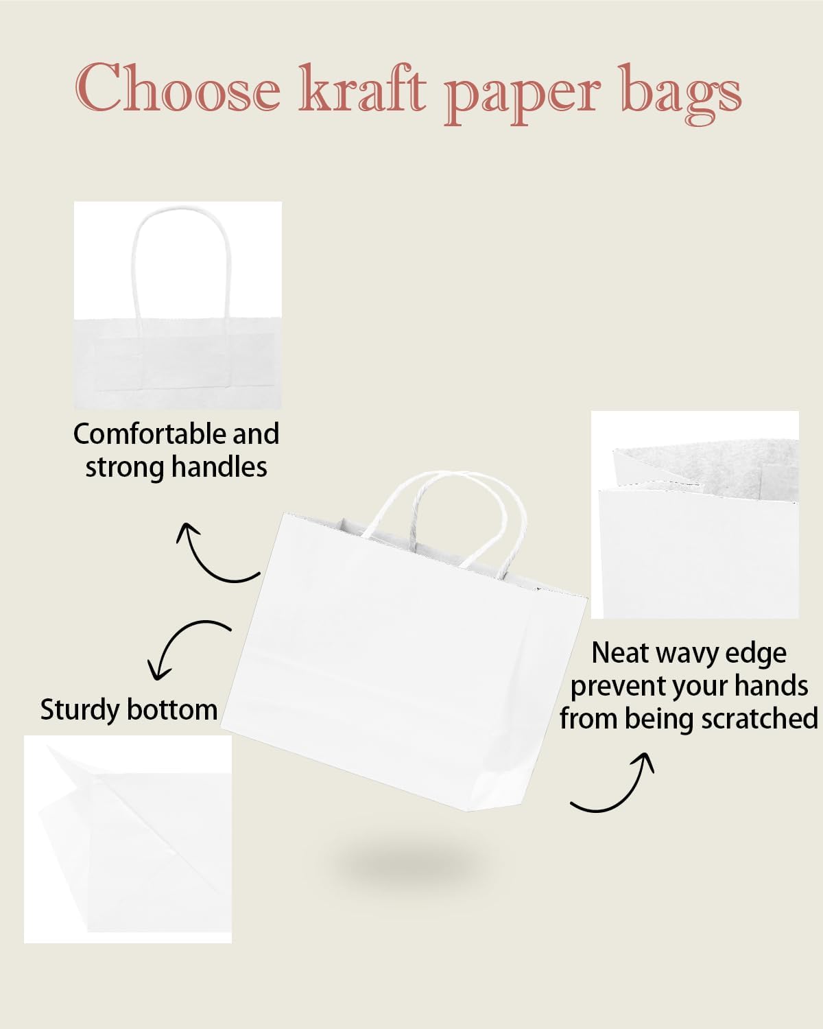 qiqee 50-Packs White Paper Gift Bags with Handles Bulk 12.6"x4.3"x10" Wide Large Size Party Favor Bags Multiple Uses