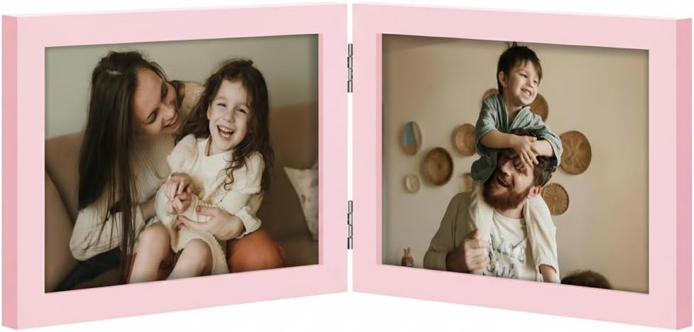 decorUhome Double 7x5 Picture Frame Horizontal, Engineered Wood Bifold Photo Frame with Plexiglass for Tabletop Display, 7x5, Pink