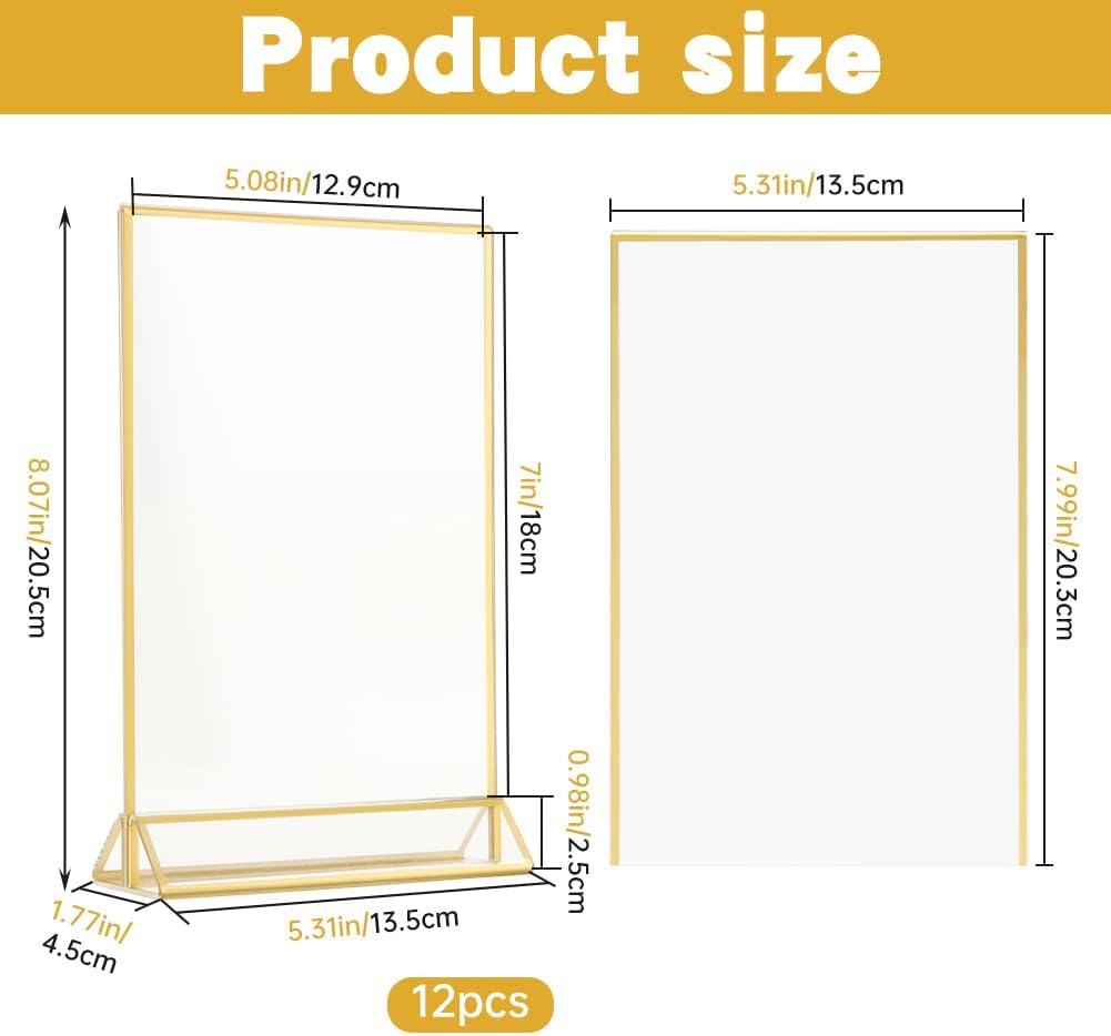 12 Pack Gold Acrylic Sign Holder 5 x 7 inch, Double Sided Gold Picture Frame Stand up Table Top Sign Holders, Wedding Table Number Frames Vertical for Party, Home, Office(5 x 7inch)