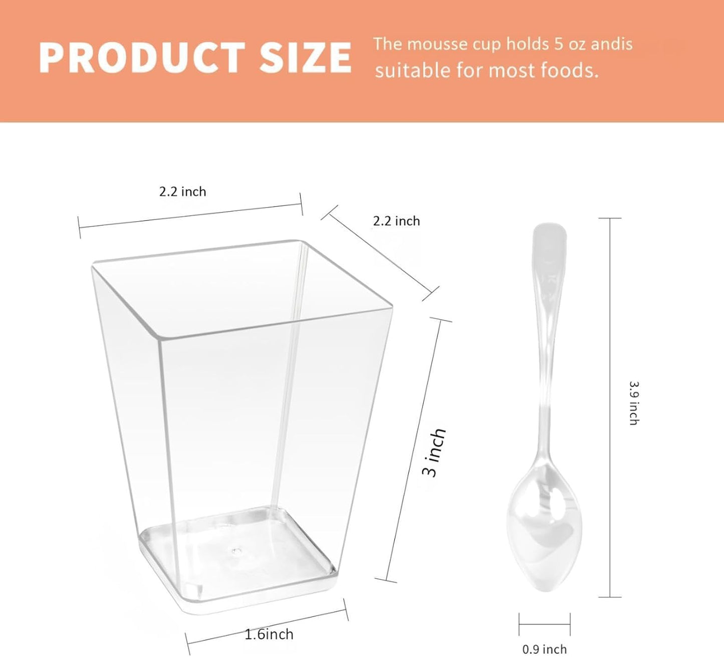 50 Pack 5 oz Clear Plastic Square Dessert Cups with Spoons，Mini Disposable Parfait Cups for Yogurt, Ice Cream and Tasting，Serving Cups for Appetizer，Pudding，Party (5 oz)