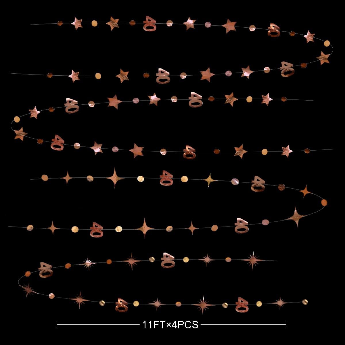 Rose Gold 40th Birthday Decorations Number 40 Circle Dot Twinkle Star Garland Metallic Hanging Streamer Bunting Banner Backdrop for Women 40 Year Old Birthday Forty Anniversary Party Supplies