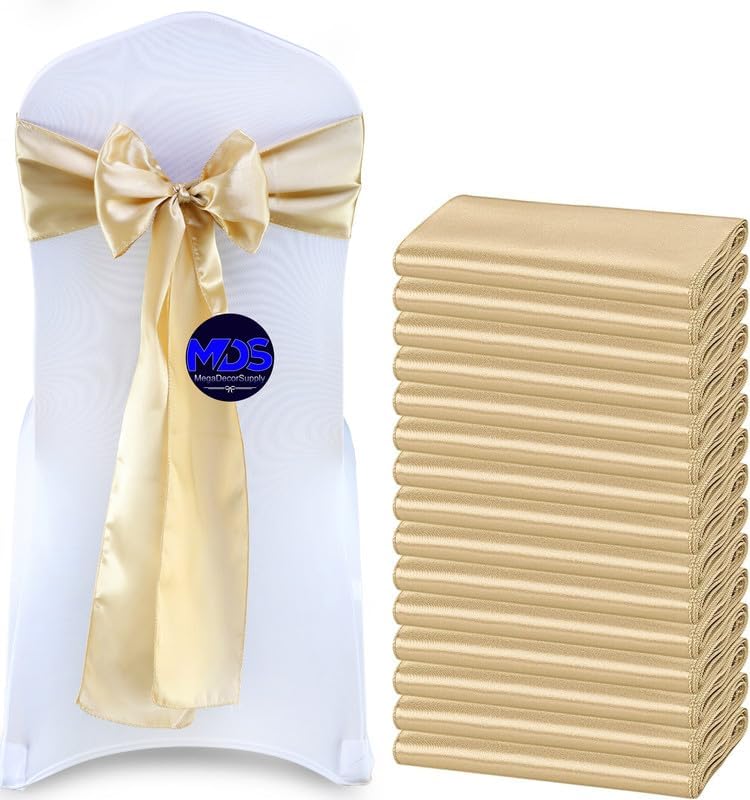 MDS Pack of 300 PCS Satin Chair Sashes Charmeuse Sateen Dining Chair Bows Ribbon Ties Back Sash for Wedding Party Birthday Home Hotel Restaurant Banquet Decoration (7 x 108 Inch, Champagne Gold)