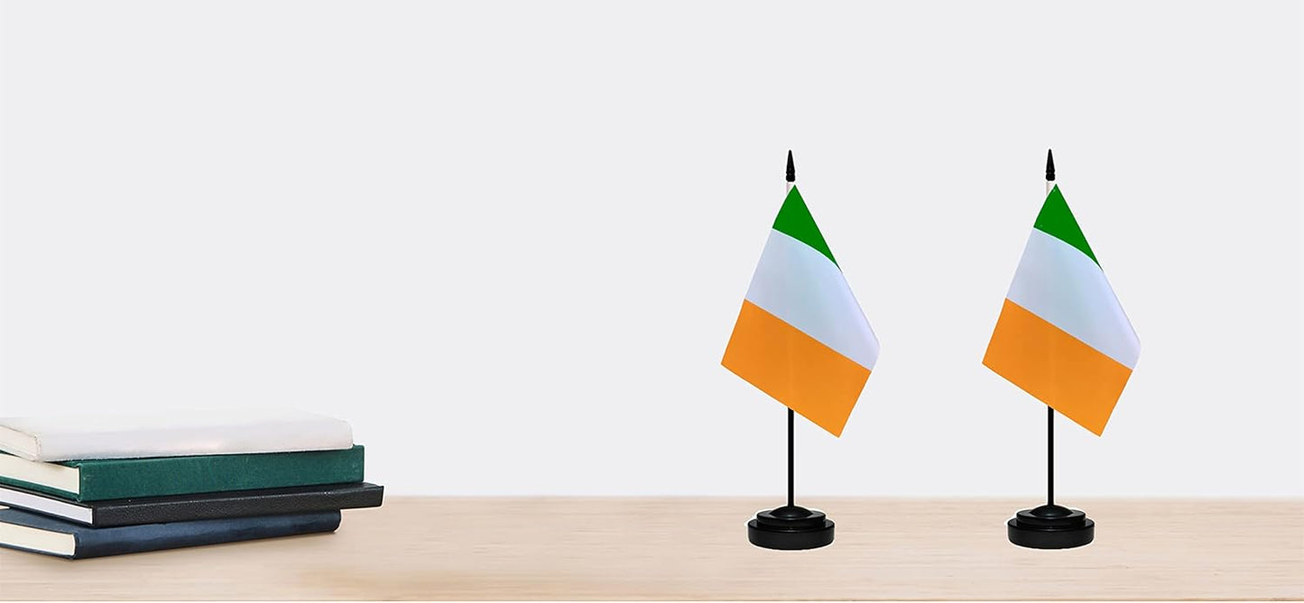Ireland Irish Deluxe Desk Flag Set Small Mini Miniature Ireland Irish Table Desktop Flags With Solid Pole, Black Base and Spear Top(2 Pack)