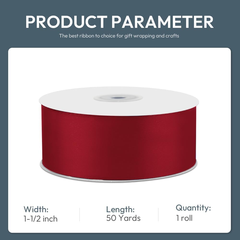 KMER LIFE 1-1/2" Wide x 50 Yards Wine Red Single Faced Polyester Satin Ribbon, Wine Red Satin Ribbon Perfect for Wedding Decor, Wreath, Crafts, Gift Wrapping & Other Projects (Wine Red)