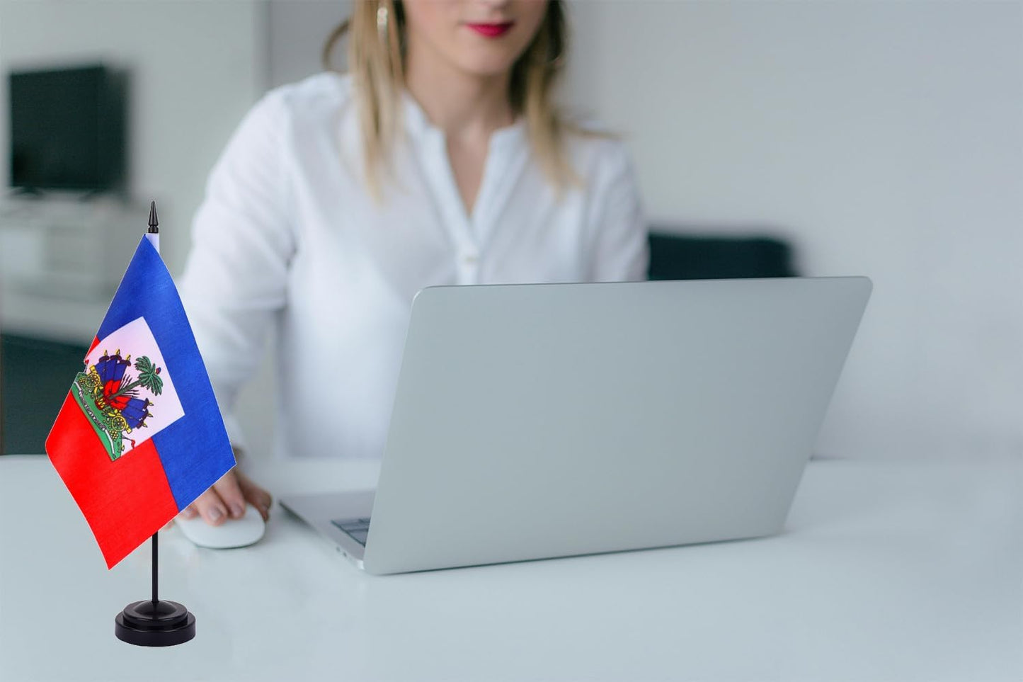 WXTWK 2 Pack Haiti Flag Haiti Deluxe Desk Flag Set - Mini Small Haitian Table Office Flags with Black 12" Solid Pole Stand Base Classroom Meeting Desktop Decorations