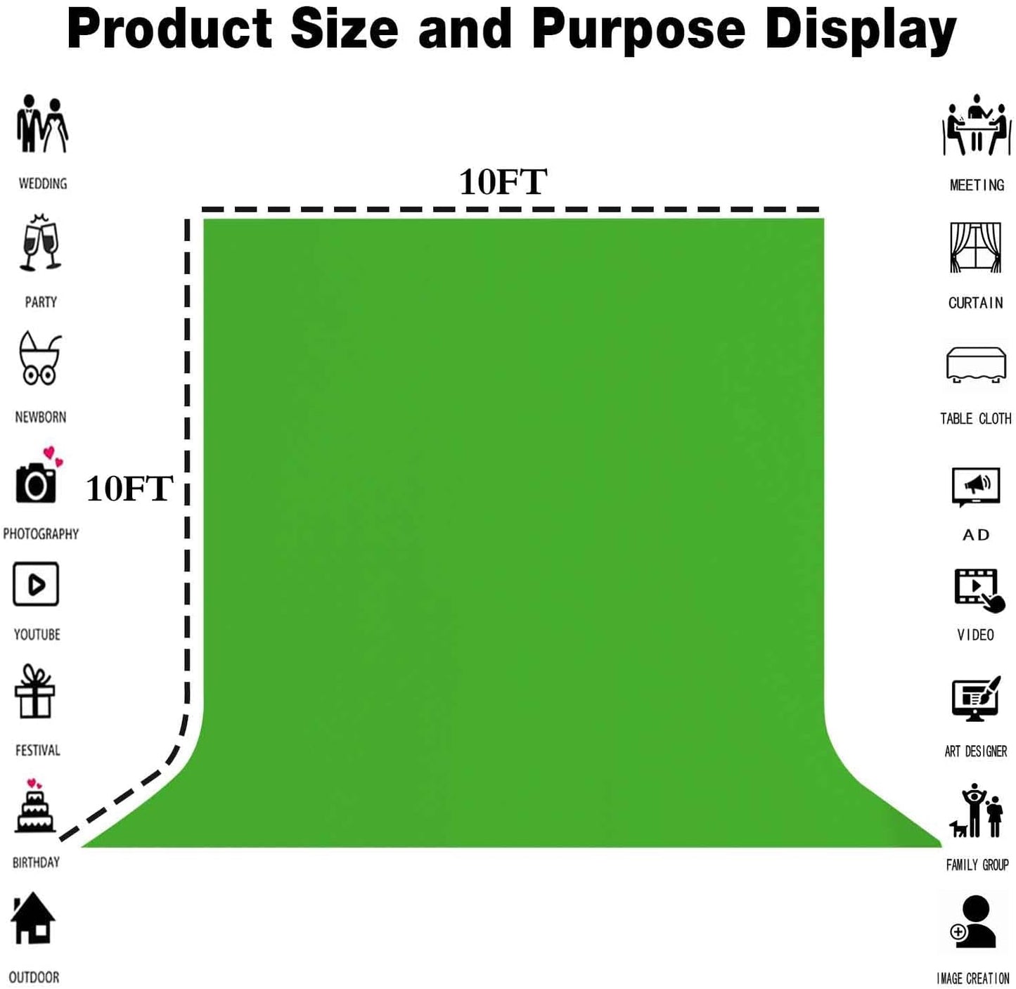 10x10FT Green Screen Backdrop Big Solid Color Photography Background for Video, Studio, Photo, Live, Editing Green Backgrounds