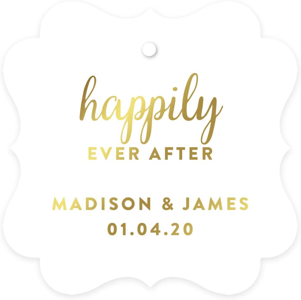 Andaz Press Personalized Fancy Frame Square Wedding Gift Tags, Metallic Gold Ink, Happily Ever After, 24-Pack, Custom Made Any Name