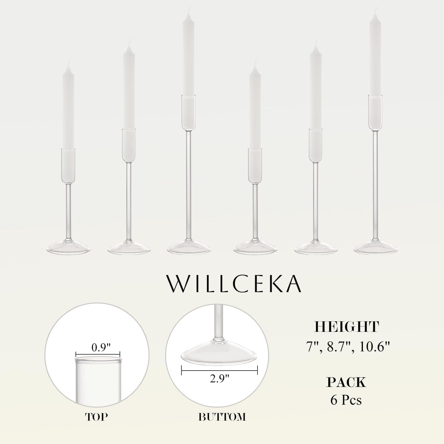 Candle Holder, Glass Taper Candle Tall Candlestick Holder, 3 Different Heights, for Table Centerpiece, Wedding, Party, Clear, 6pcs