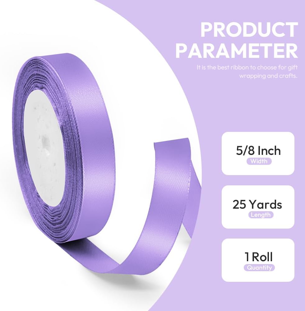 5/8" x 25 Yards Satin Ribbon, Light Purple Silk Ribbon Ideal for Gift Wrapping, Floral Bouquets, Crafts, Wedding Party Decorations, Christmas and Sewing Projects
