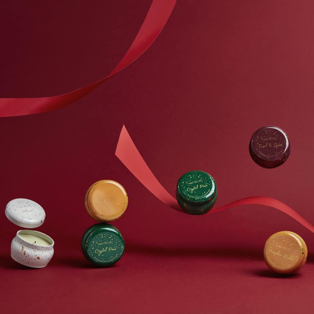 Capri Blue Glimmer Mini Tin - Crystal Pine Scented Candle with Mini Tin Candle Holder - Soy Wax Blend - Capri Blue Crystal Pine Emerald Green and Gold (3 oz)