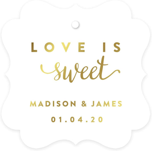 Andaz Press Personalized Fancy Frame Square Wedding Gift Tags, Metallic Gold Ink, Love is Sweet, 24-Pack, Custom Made Any Name
