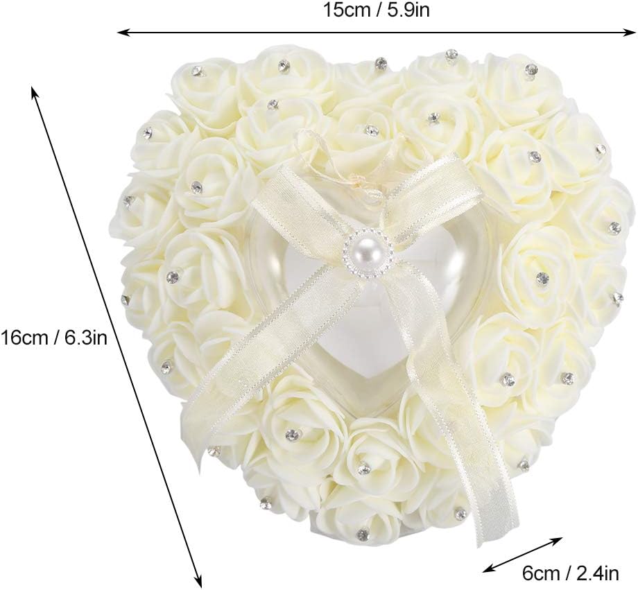 Hilitand Wedding Cushion Pillow Romantic Heart Shaped Wedding Box Rose Rhinestone Decorative Jewellery Boxes(Milky White)