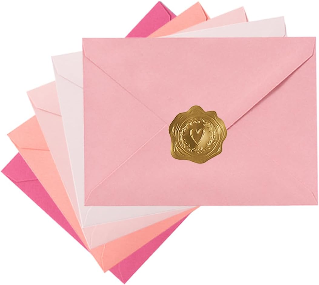50 Pack Colored A7 Invitation Envelopes 5x7 with Gold Stickers for Cards and Invitations, 5 Colors (Pink, 5 1/4 x 7 1/4 inches)
