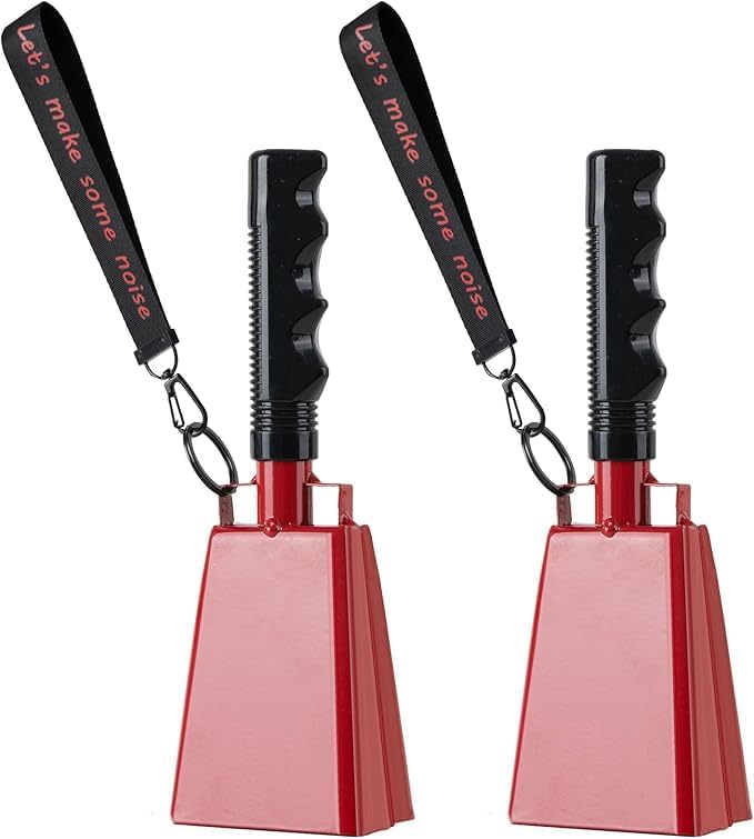 Cow Bells Noise Makers with Handle: Cowbells Hand Percussion for Sporting Events with Wrist Strap - 2pcs 8 Inch Large Loud Cheering Bell for Football Games Graduation (Red)