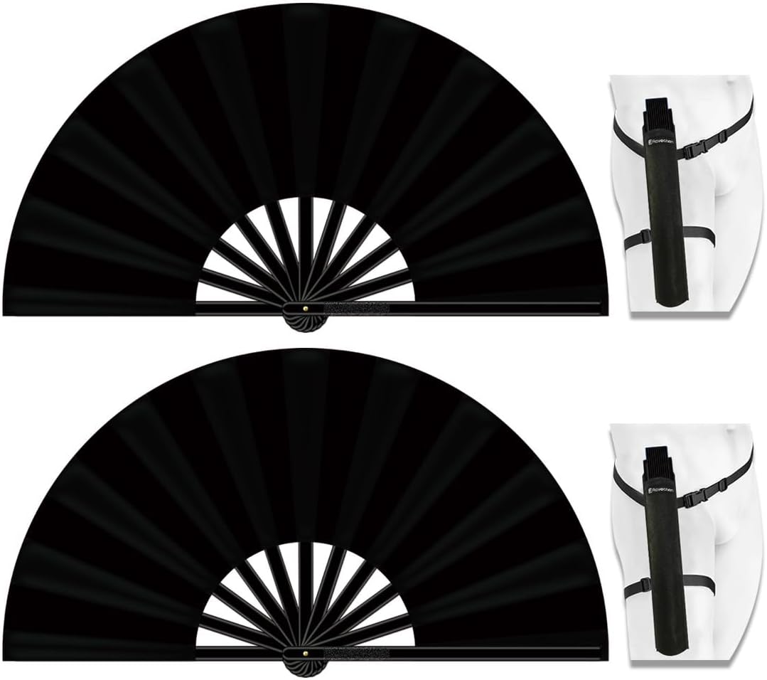 13" Large Folding Rave Fan with Holster, Clack Hand Fans Foldable for Line Dancing, Boots On The Ground Fan for Women Men Festival EDM Party Decoration, Black 2 Pack
