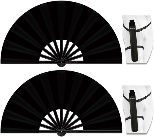 13" Large Folding Rave Fan with Holster, Clack Hand Fans Foldable for Line Dancing, Boots On The Ground Fan for Women Men Festival EDM Party Decoration, Black 2 Pack
