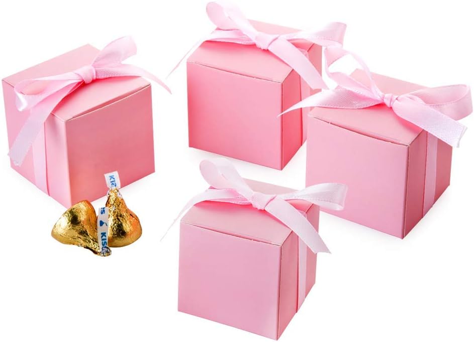 AWELL Pink Gift Candy Box Bulk 2x2x2 inches with Pink Ribbon Party Favor Box,Pack of 50