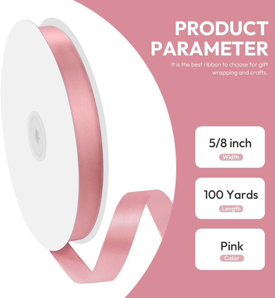 5/8" x 100 Yards Satin Ribbon - Rose Gold Silk Ribbon with Spool - Ideal for Gift Wrapping, Floral Bouquets, Crafts, Wedding Party Decorations, Christmas and Sewing Projects